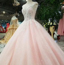 Pink V Neck Wedding Dresses Lace Up Back beaded A Line Princess Bridal Gowns