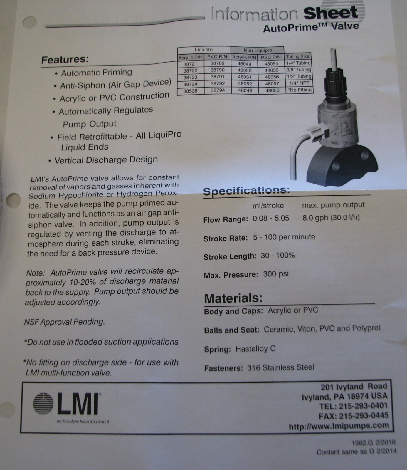 LMI Liquipro AutoPrime Valve Assembly PART 38721 1/4" TUBING, for LMI