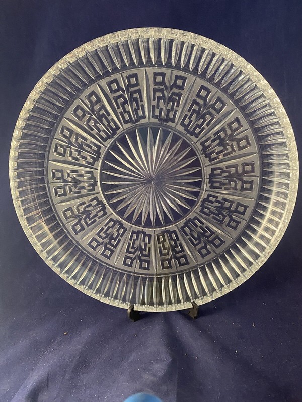 Art Deco Clear Glass 12” Serving Platter Geometric Design Leaded Crystal