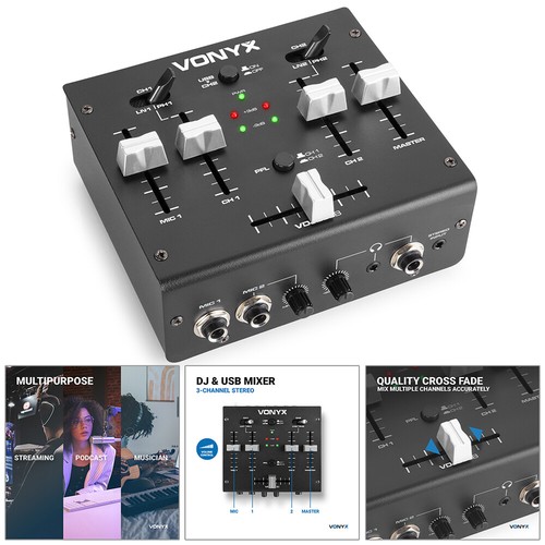 Vonyx VDJ2USB DJ Mixer 3Channel with FullDuplex USB & Builtin Audio