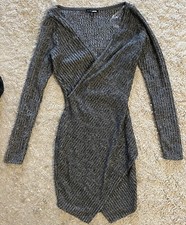 FASHION NOVA gray fuzzy ribbed long sleeve sursplice knee length dress XS