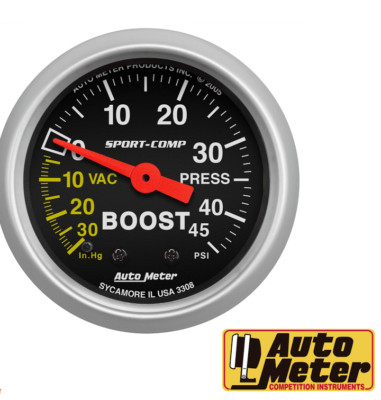 Autometer 3308 Sport Comp 2-1/16'' MECHANICAL BOOST VACUUM Gauge w/ Tubing 45 Psi