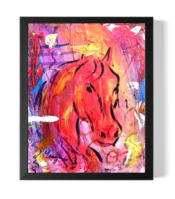 GUAJARDO Original Expressionism Neon Red Horse 14X11 Canvas Signed Art