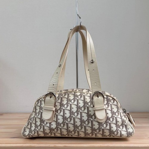 CHRISTIAN DIOR Trotter Botanical Boston Bag Cream Canvas Leather Tote