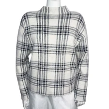 Tahari Women Plaid Mock Neck Fuzzy Knit Sweater Long Sleeve Size L