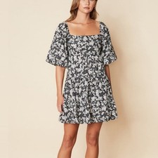 Faithfull The Brand Size L NEW Black & White Floral Eryn Puff Sleeve Mini Dress