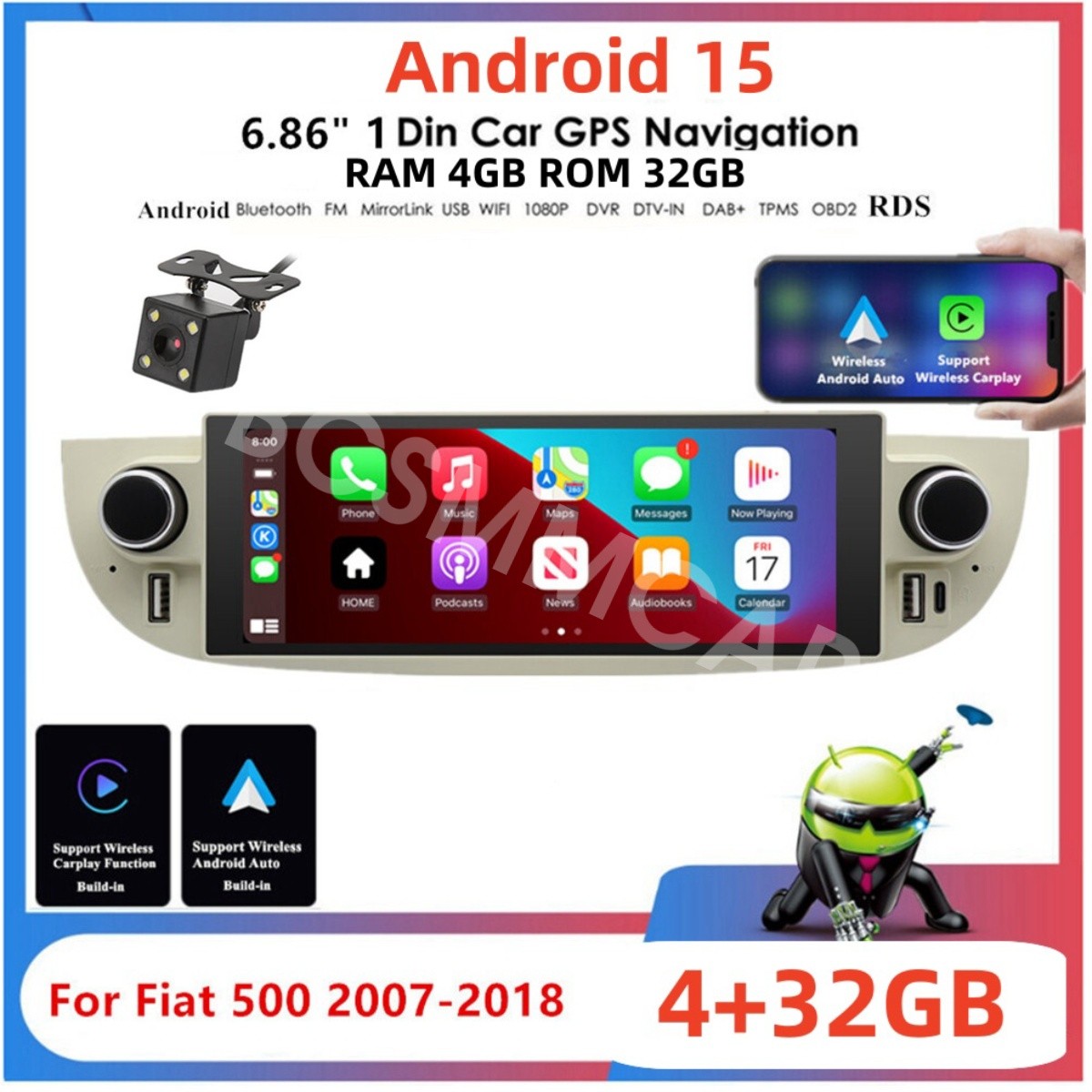 Single DIN Carplay Android Auto Touch Screen Car Stereo For Fiat 500 2007-2015