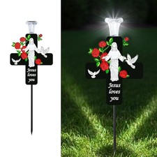 Solar Jesus Cross Memorial Stake with Rose - Religious Metal Cemetery J Cross