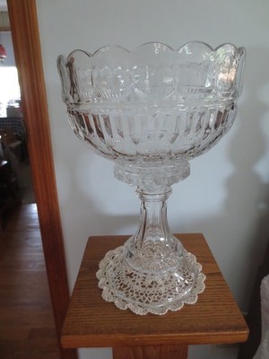 Antique 1820 FLINT CLEAR GLASS Pedestal COMPOTE BOWL with Scalloped Rim--13-3/8''