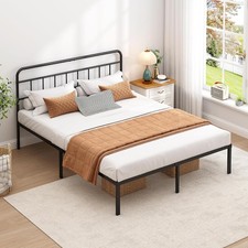 Queen Bed Frame with Classic Headboard Black | Strong Metal Slats Support