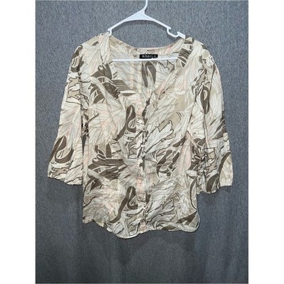 a.n.a Printed Button-Front Blouse Cream Brown Pink Leafy V-Neck 1X