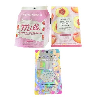 Vitamasques 2 Face Sheet Masks (probiotic Strawberry/collagen Vit C) 1 Lip Mask
