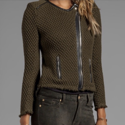 IRO Miali Jacket Chunky Knit Moto Lamb Leather Trim Kaki Green Zip Size 0 New