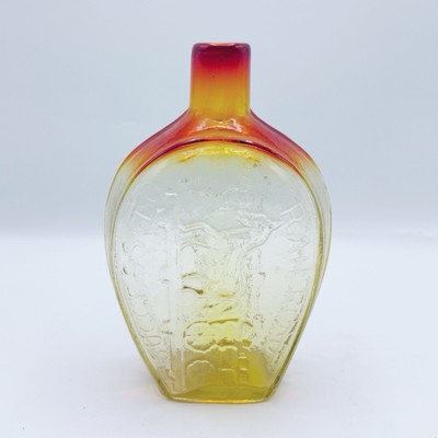 Vtg Amberina Yellow To Red Success To The Railroad Glass Bottle Flask Liquor HTF