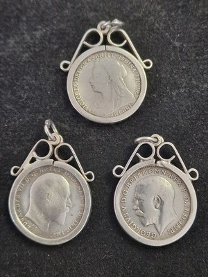 QUEEN VICTORIA KING EDWARD VII & GEORGE V STERLING SILVER 925 COIN & MOUNT SET