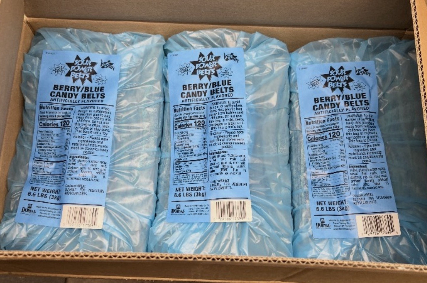 3 bag LOT BERRY BLUE SOUR Candy POWER BELTS 19.8 lbs Vegan Soft Chewy BULK Party