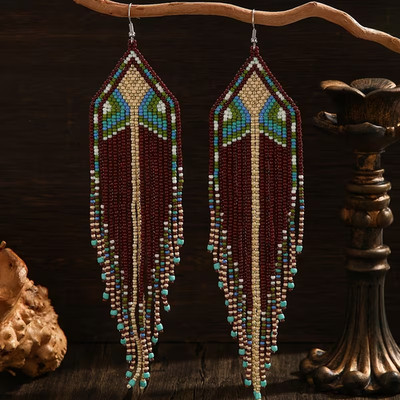 Tribal Earrings Native Large Boho American Seed Beads Handmade Earring