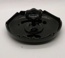  Round Black Glass Ashtray/Trinket Dish with center Handle scroll work on Handle