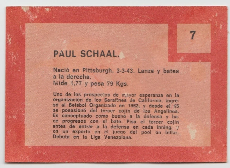 Venezuelan Topps 1967 Paul Schaal #7 Leones Del Caracas Ptd In Venezuela - Image 2 of 2