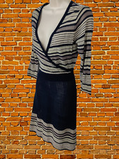MONSOON SIZE UK SMALL NAVY WRAP WOOL BLEND KNIT FIT & FLARE DRESS LONG SLEEVE