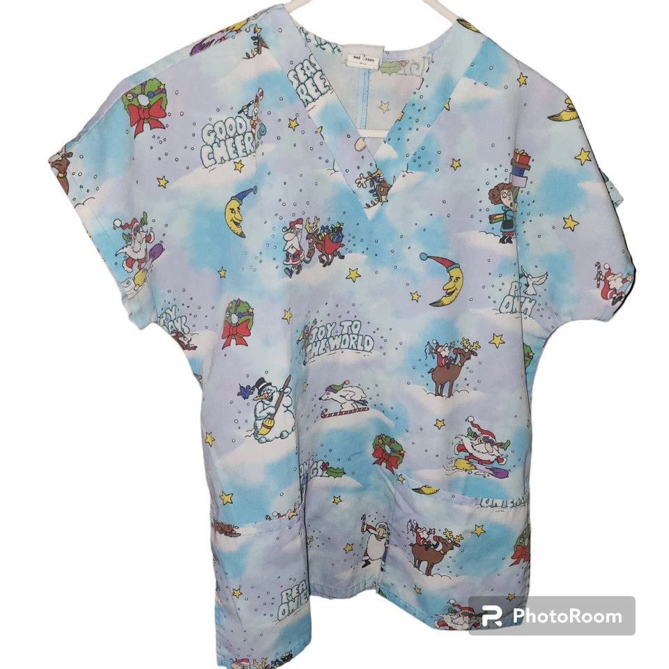 Women’s Christmas Scrub Top S -JOY TO THE WORLD PEACE ON EARTH SEASONS GREETINGS - Image 2 of 4