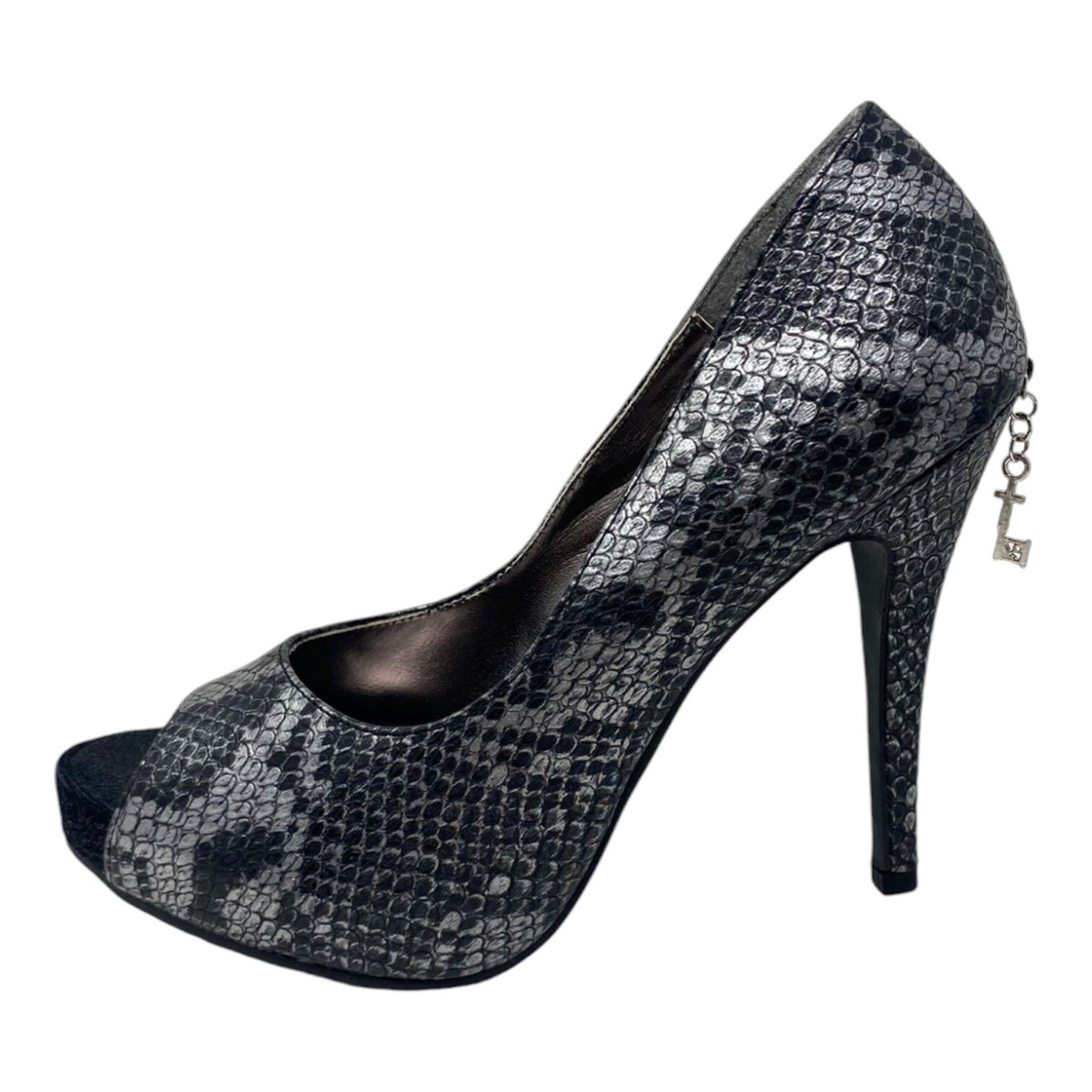 PEWTER SNAKE PRINT HEELS COURT SMART OFFICE SEXY GREY SILVER CLUBBING SIZE 