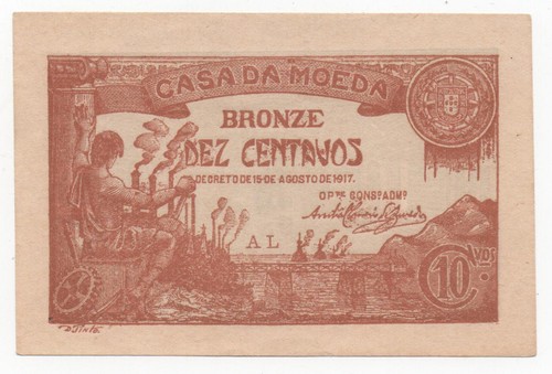 PORTUGAL 10 CENTAVOS 1917 PICK 96 AU