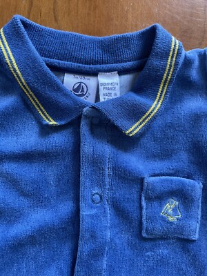 Petit Bateau EUC Blue Polo Collar Velour Snap Front Footie-3Mos 60cm