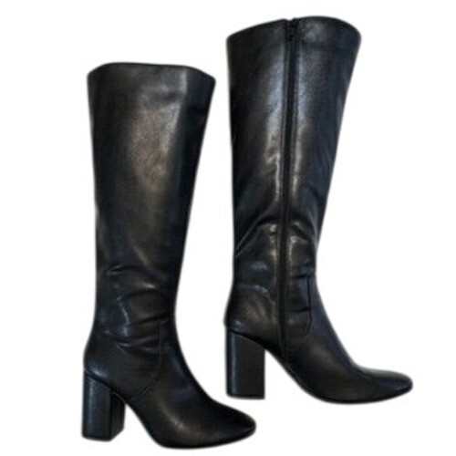 Faux Leather Knee-High Block Heel Boots Women Sz 9 Black Side Zipper Almond Toe - Picture 14 of 15