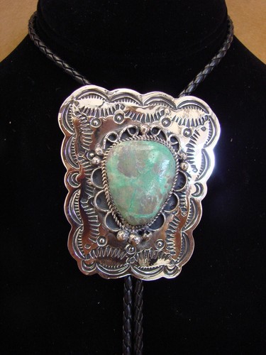 Navajo Indian Nickel Silver & Turquoise Bolo Tie - Cleveland - Picture 2 of 6
