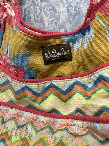 Matilda Jane MJC Yellow Pink Floral Chevron Gather It Up Beach HOBO Tote Bag - Picture 2 of 9