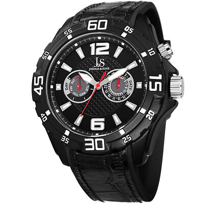 New Men's Joshua & Sons JS79BK Black Swiss Multifunction Layered Strap Watch