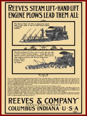 1910 Reeves & Co. NEW Metal Sign: Hand & Steam Lift Plows - Columbus, Indiana