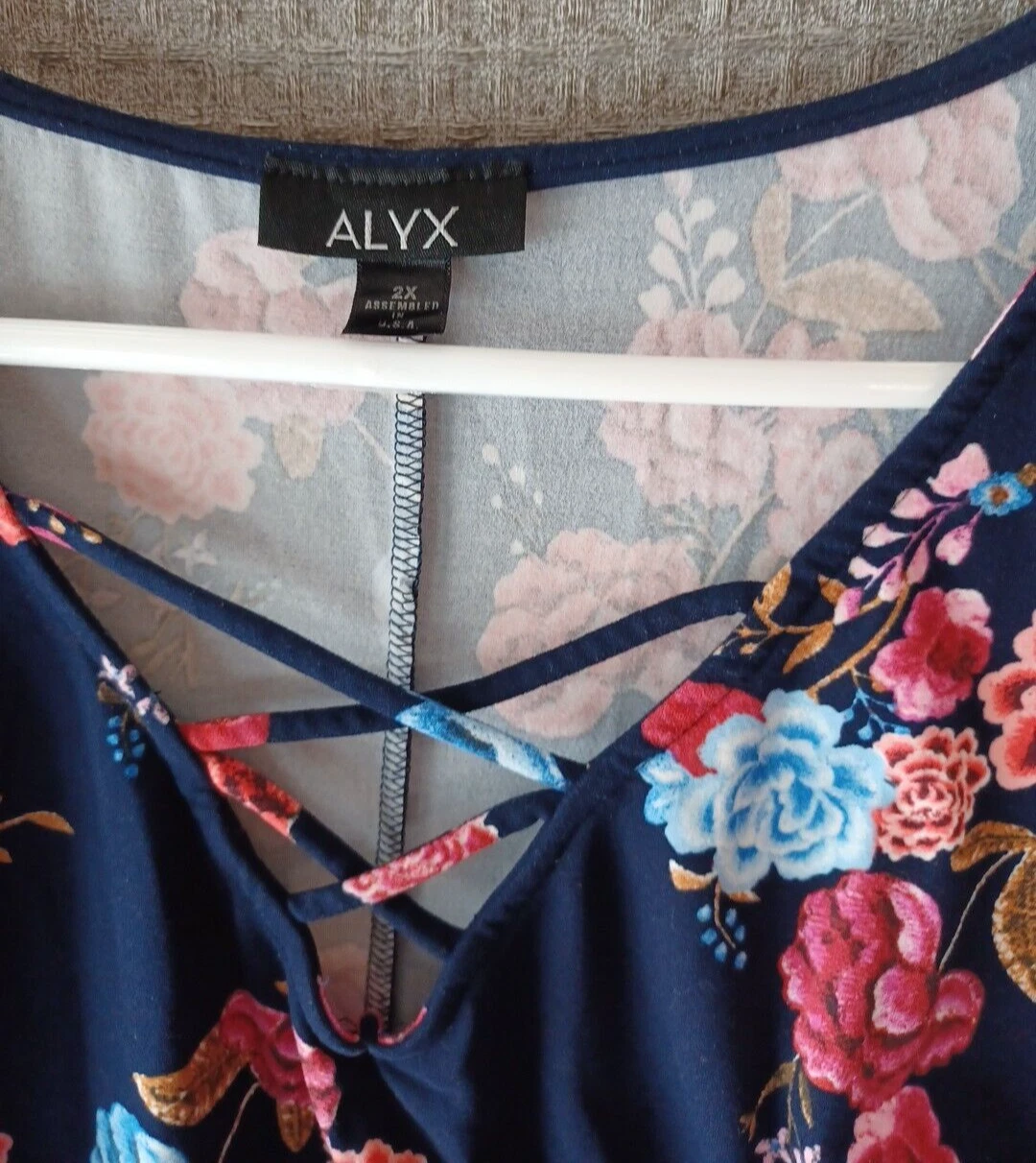 Top donna Alyx taglia 2X tunica blu floreale pull over maniche lunghe svasate