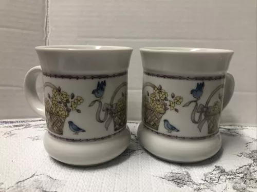 TAKAHASHI 2 Porcelain Mugs Birds Floral Basket 