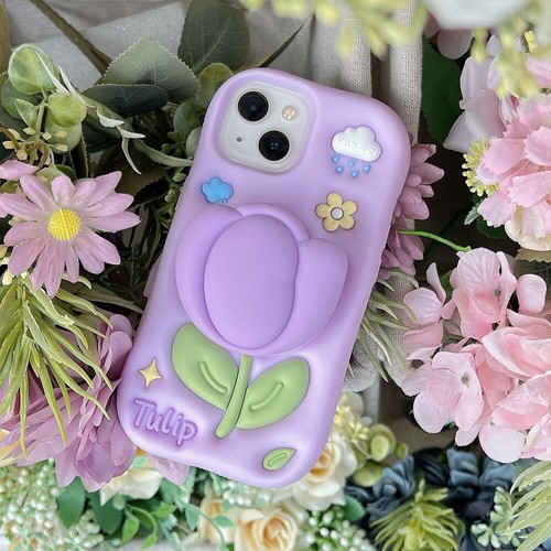 Für iPhone 13 14 15 16 Pro Max Lila Tulpe 3D Silikon Handy Hülle Ständer Cover - Bild 9 von 10