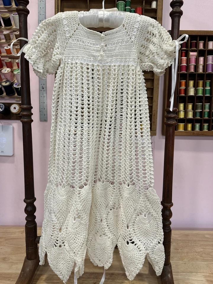 OFERTA: VESTIDO DE BAUTIZO RELIQUIA PIÑA GANCHILLO A MANO 3 T0 6 MESES ALGODÓN Foto 4 de 4
