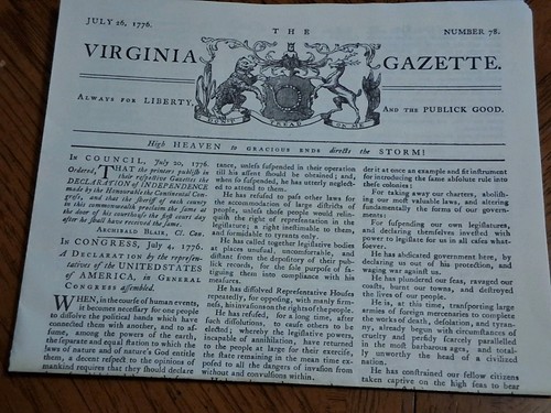Virginia Gazette July 1776 Newspaper Featuring Declaration of Independence