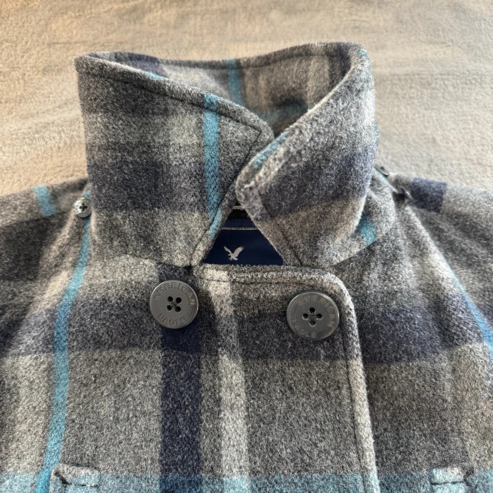 Casaco de lã American Eagle feminino xadrez médio peito duplo cinza azul-petróleo lenhador - Imagem 4 de 4