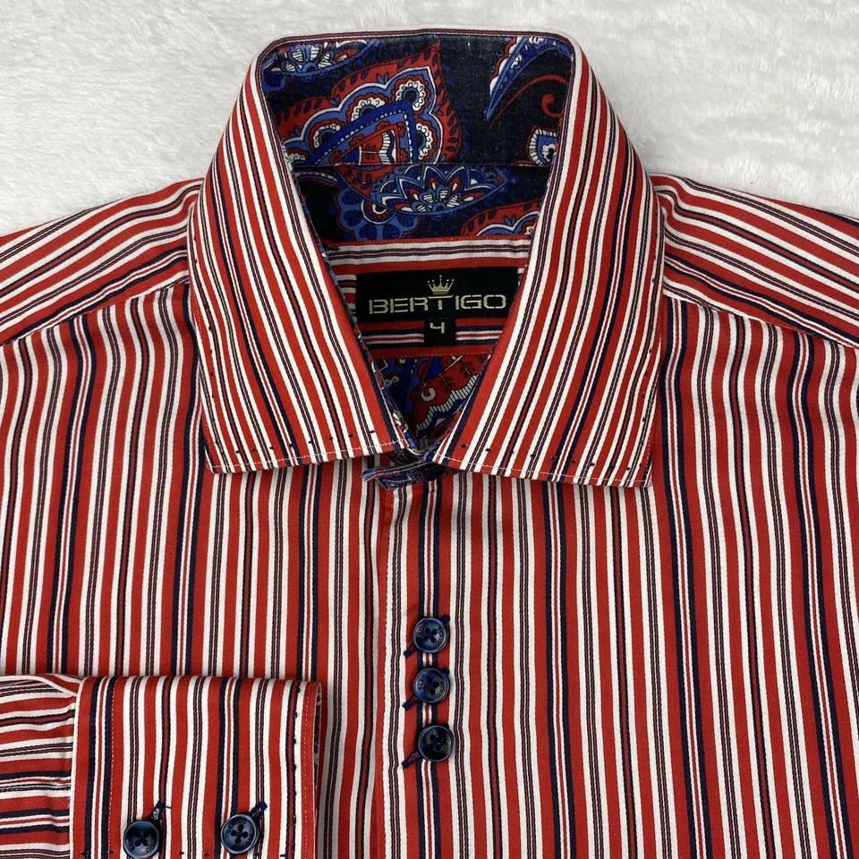 Camisa de vestir BERTIGO para hombre (4) grandes rayas rojas/blancas puños abatibles mangas largas Foto 2 de 4