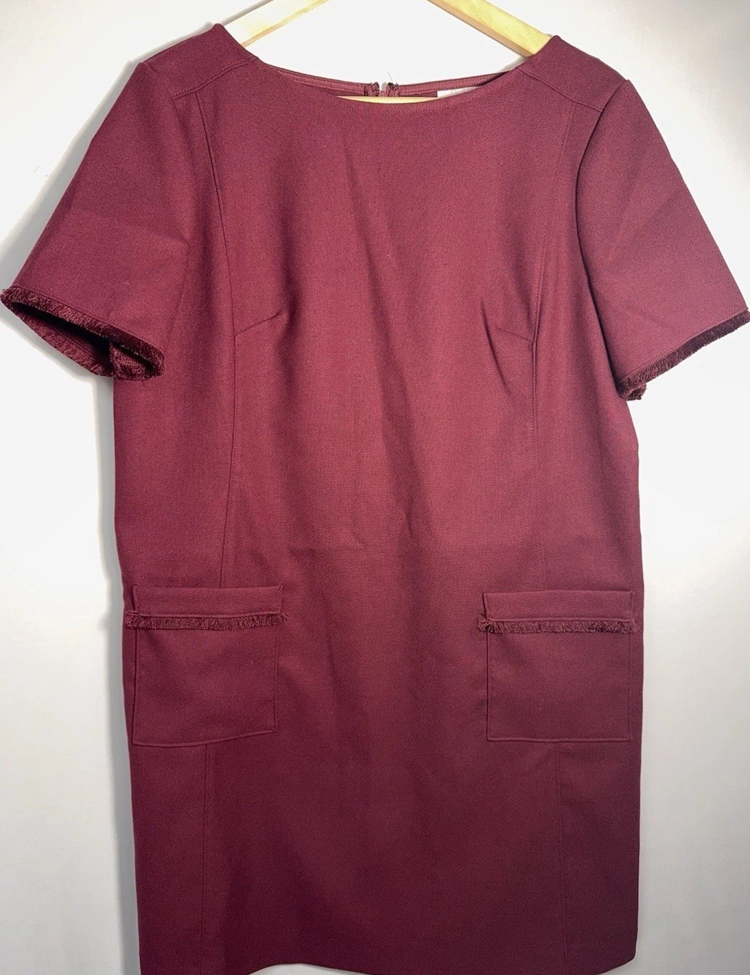 LOFT Petite 12P Burgundy Sheath Dress Fringe Pockets Knee Length Office