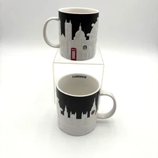 New Starbucks City Mug Collection "LONDON" Black White 3D Relief 16oz Set of 2