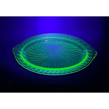 Uranium Glass Oval Serving Platter, VTG 30s UV Glow Swirl Pattern 12x8 inch 