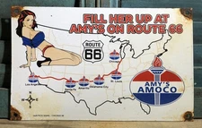 Vintage 1956 Dated Amy's Amoco 12” Porcelain Route 66 Sign Gas Oil