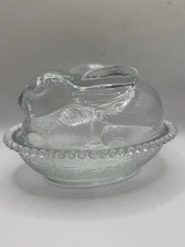 Vintage Clear Glass Rabbit on Nest Covered Candy Dish Beaded Edge Easter 