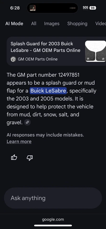 Nuevo paquete protector contra salpicaduras GM #12497851 genuino OEM negro 2003-2005 Buick Lesabre Foto 2 de 4