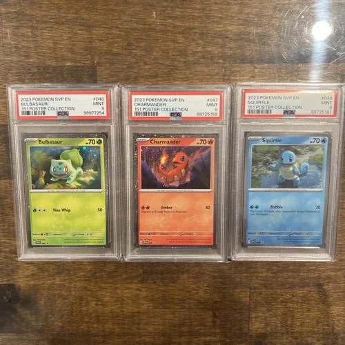 Pokémon 151 Poster Collection Set PSA 9 Bulbasuar Charmander Squirtle Cosmo Holo