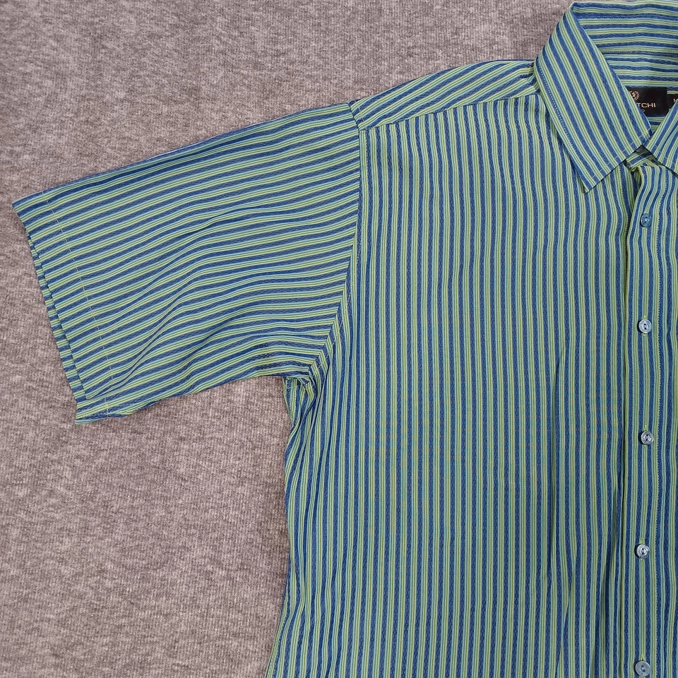 Camisa Bugatchi Uomo Para Hombre Mediana Azul Verde Rayas Manga Corta Abotonada Corea Foto 4 de 4