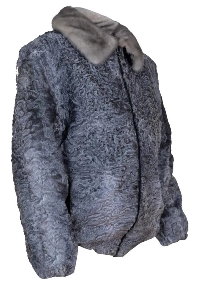 Abrigo gris piel de cordero persa real piel de astracán estilo bombardero piel de visón real cuello Foto 2 de 4