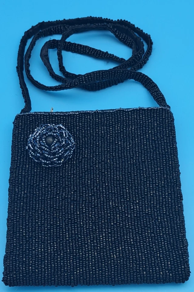 Bolso cruzado con cuentas vintage de hombro negro noche elegante con cuentas flor de vidrio Foto 2 de 4